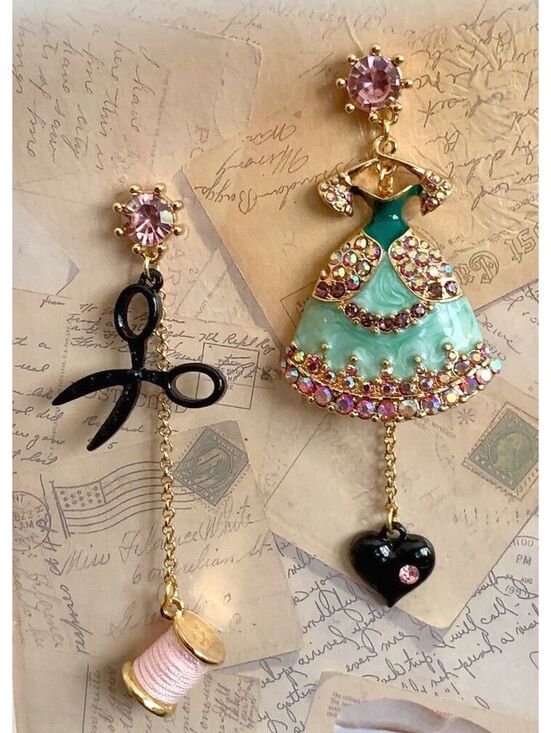 Jewelry - Mismatched Sewing Theme Dress Scissors Spool Rhinestone Drop Earrings